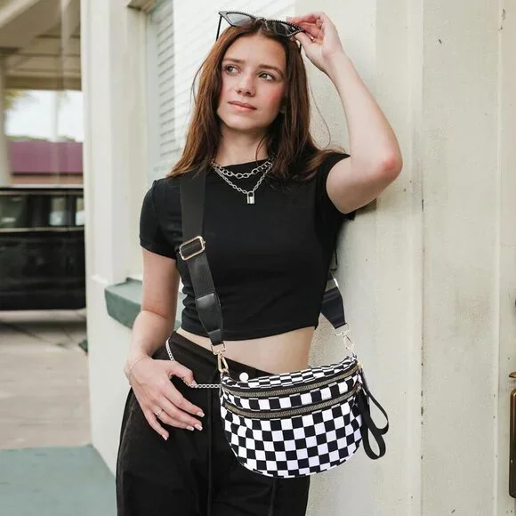 Checkered Crossbody Bags Bum Bag for Women Large Sling Bag Purse with Adjustable